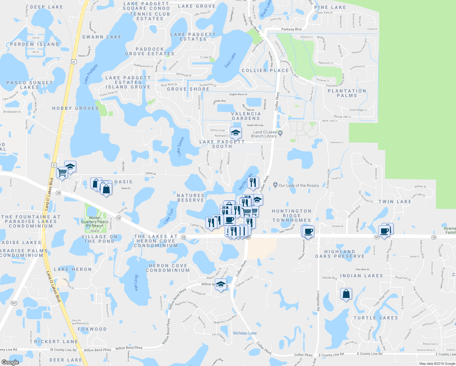 map of restaurants, bars, coffee shops, grocery stores, and more near 2429 Martha Lane in Land O' Lakes