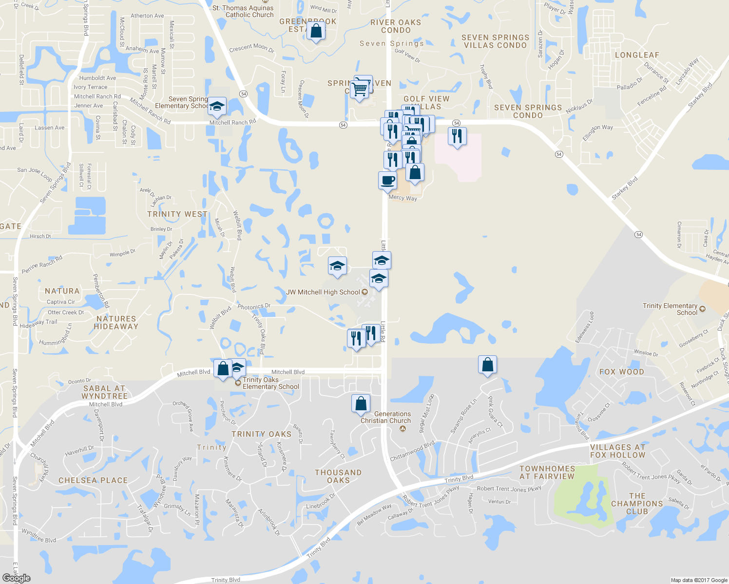 map of restaurants, bars, coffee shops, grocery stores, and more near 2323 Little Road in Trinity