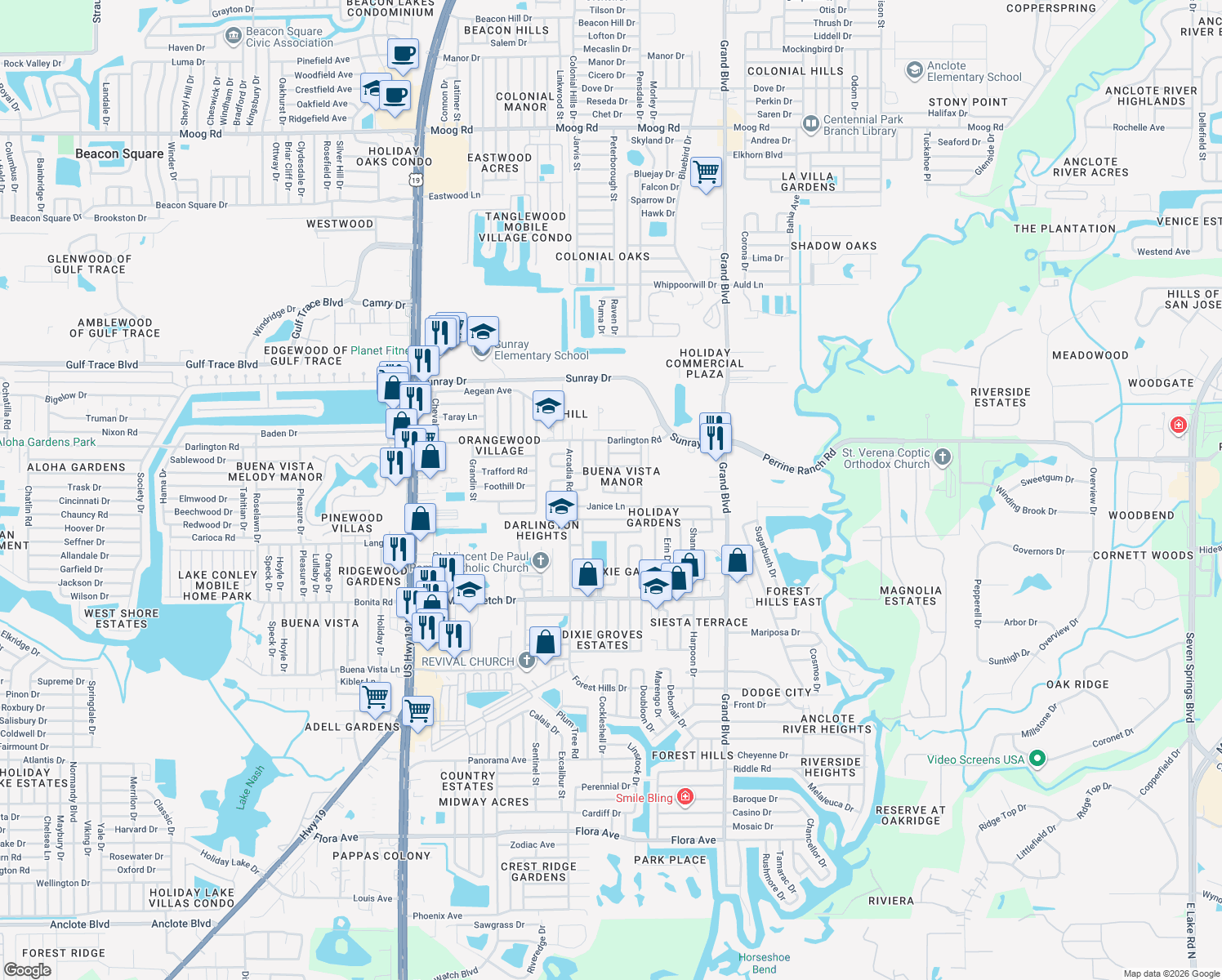 map of restaurants, bars, coffee shops, grocery stores, and more near 2327 Lemur Drive in Holiday