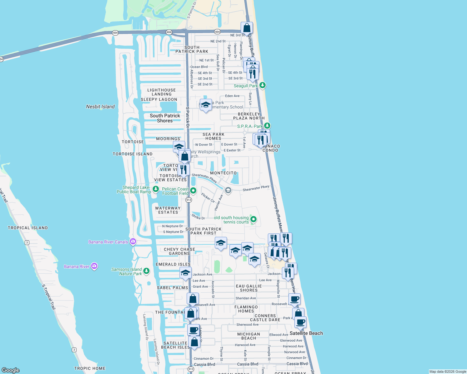 map of restaurants, bars, coffee shops, grocery stores, and more near 133 Montecito Drive in Satellite Beach