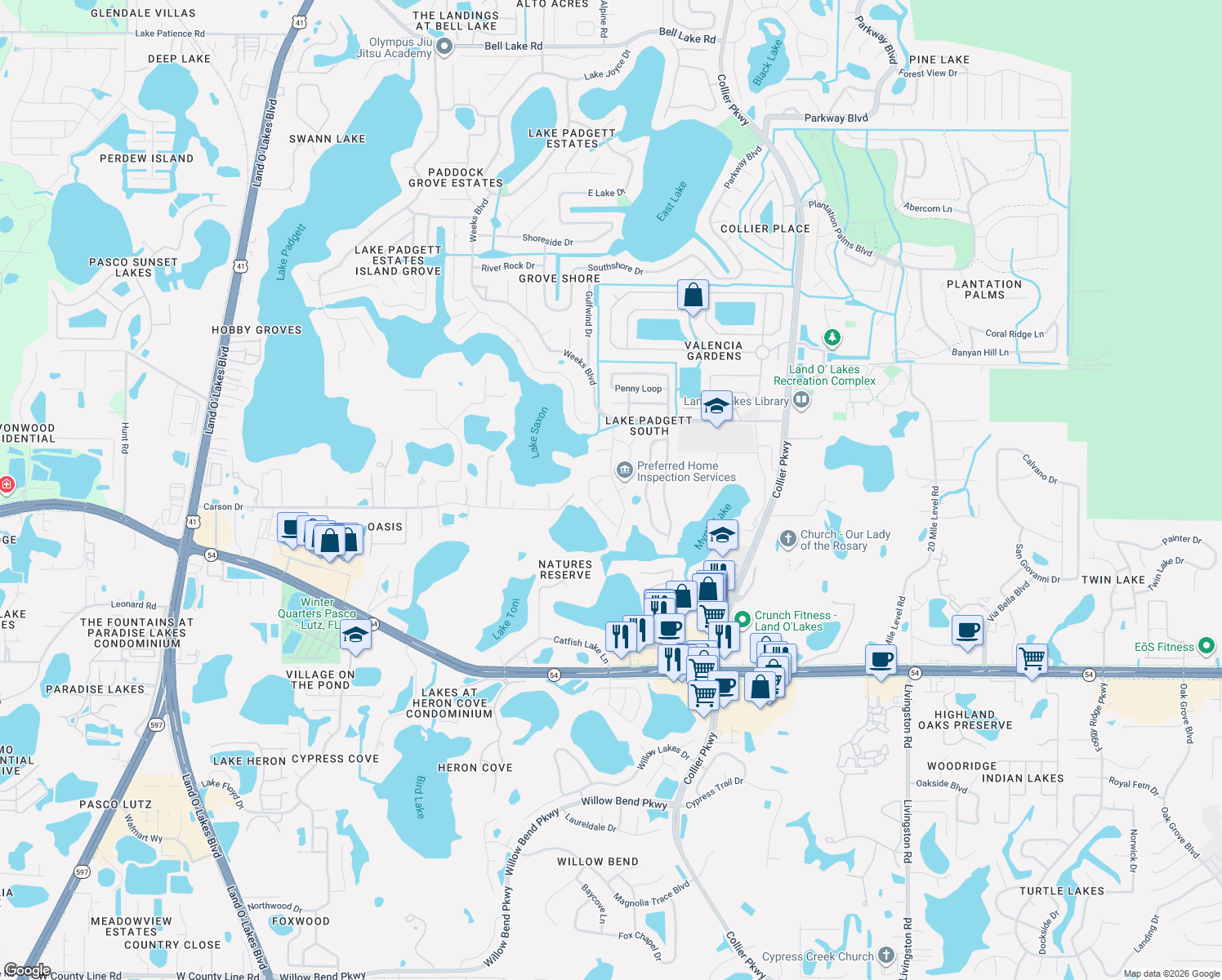 map of restaurants, bars, coffee shops, grocery stores, and more near 2555 Shadecrest Road in Land O' Lakes