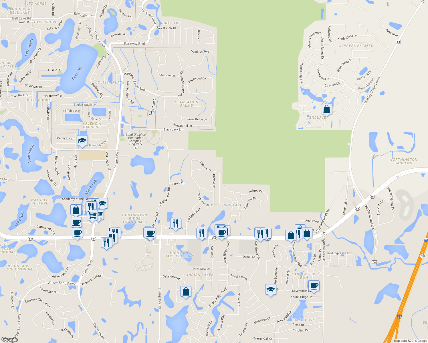 map of restaurants, bars, coffee shops, grocery stores, and more near 2651 Calvano Drive in Land O' Lakes