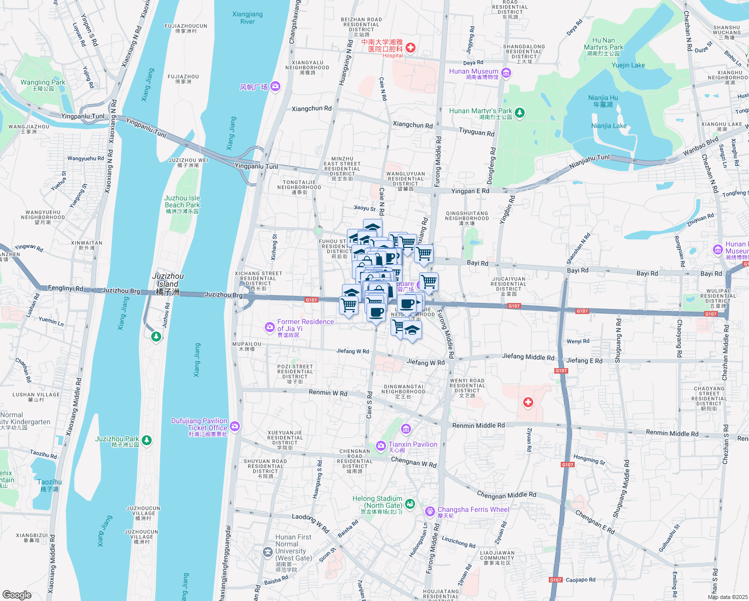 map of restaurants, bars, coffee shops, grocery stores, and more near Wu Yi Da Dao in Chang Sha Shi