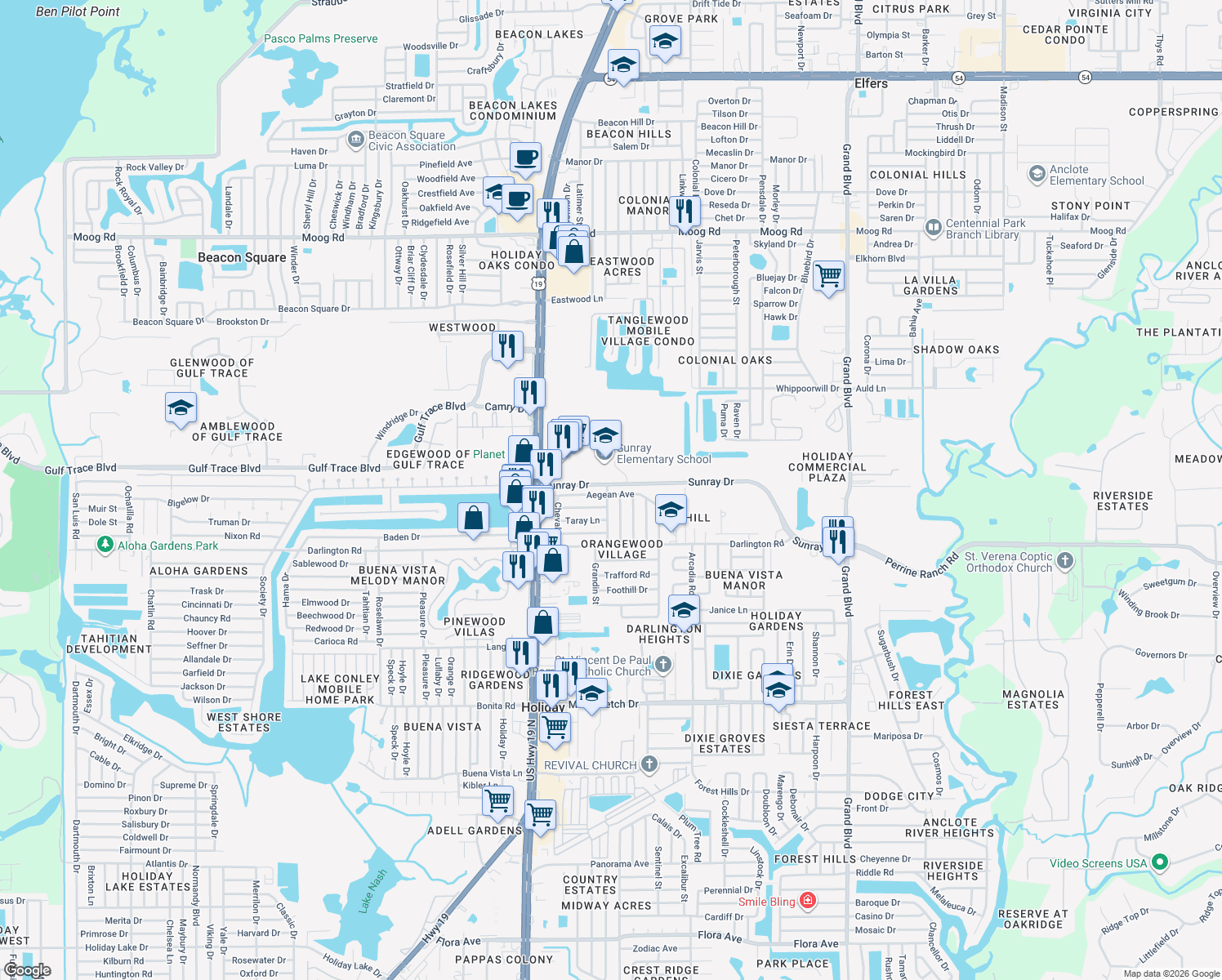 map of restaurants, bars, coffee shops, grocery stores, and more near 4723 Aegean Ave in Holiday