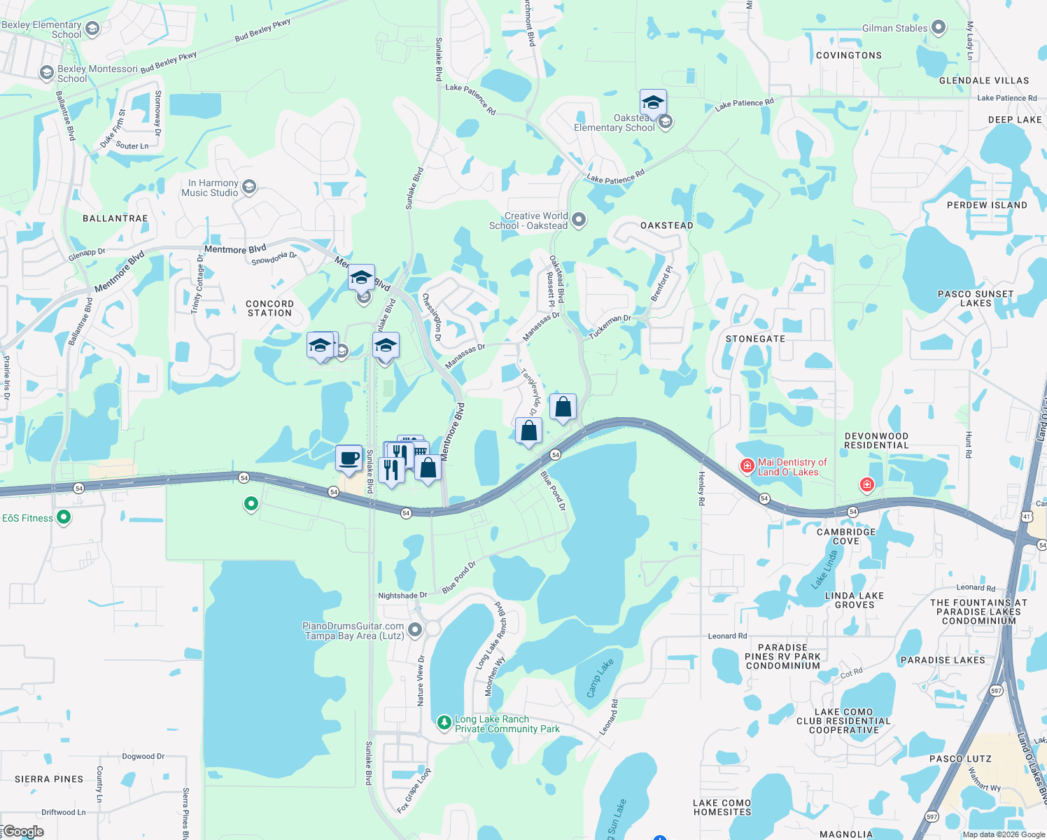 map of restaurants, bars, coffee shops, grocery stores, and more near 2753 Tanglewylde Drive in Land O' Lakes
