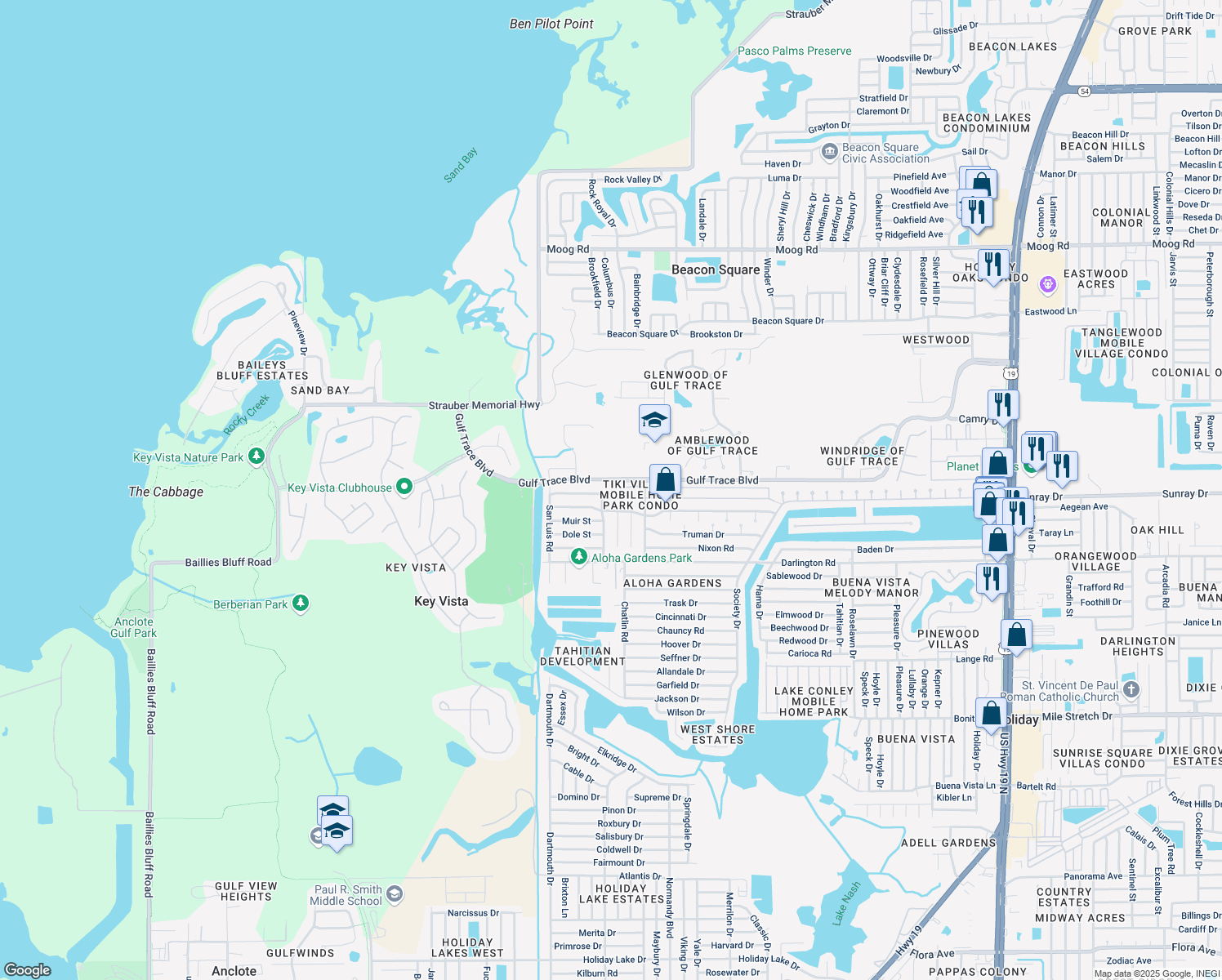 map of restaurants, bars, coffee shops, grocery stores, and more near 3212 Kauna Point Dr in Holiday
