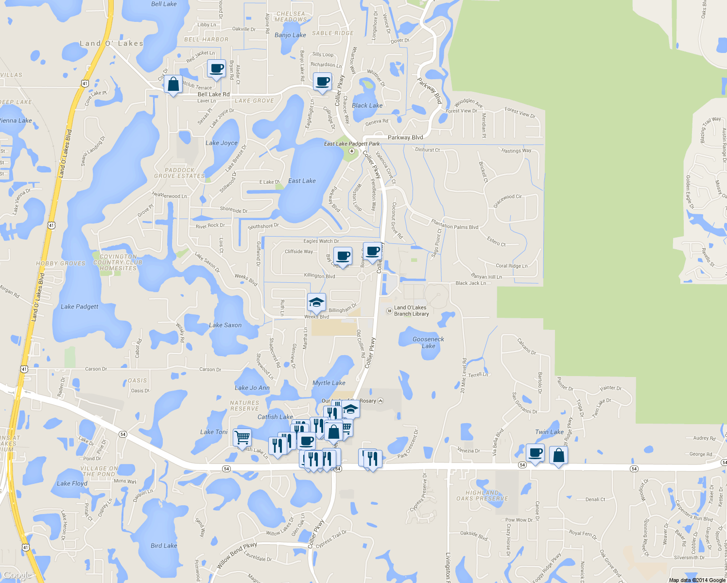 map of restaurants, bars, coffee shops, grocery stores, and more near in Pasco County