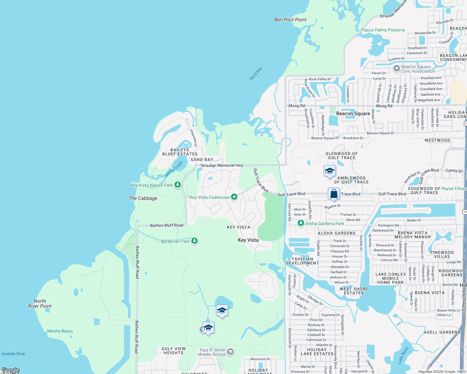 map of restaurants, bars, coffee shops, grocery stores, and more near 2529 Sandy Hill Court in Holiday