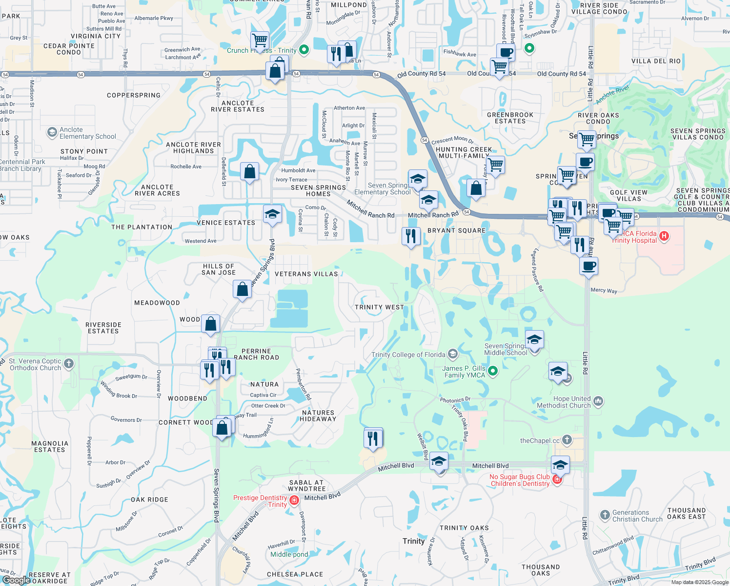 map of restaurants, bars, coffee shops, grocery stores, and more near 7814 Lachlan Dr in Trinity