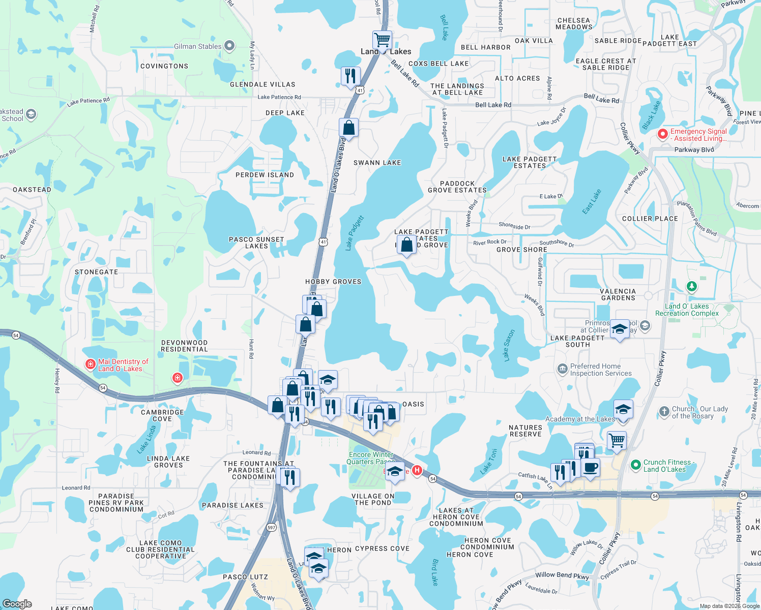 map of restaurants, bars, coffee shops, grocery stores, and more near 2927 Rain Forest Place in Land O' Lakes