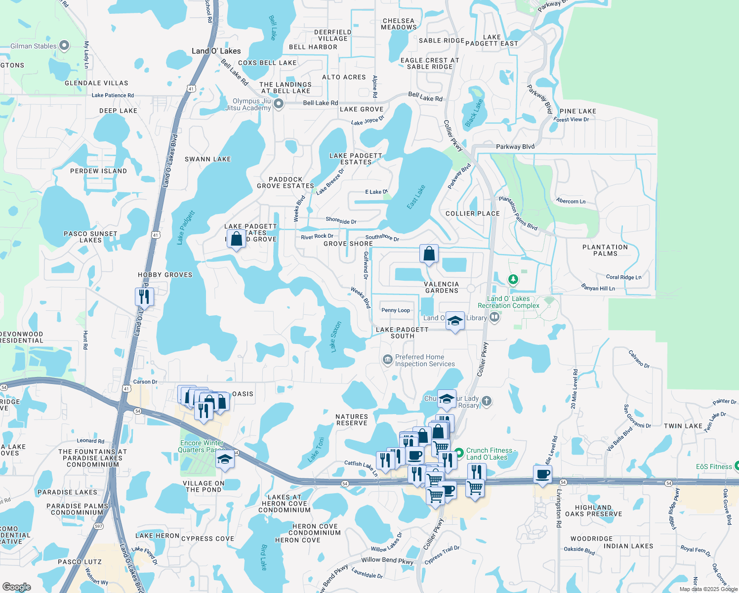 map of restaurants, bars, coffee shops, grocery stores, and more near 2946 Gulfwind Drive in Land O' Lakes