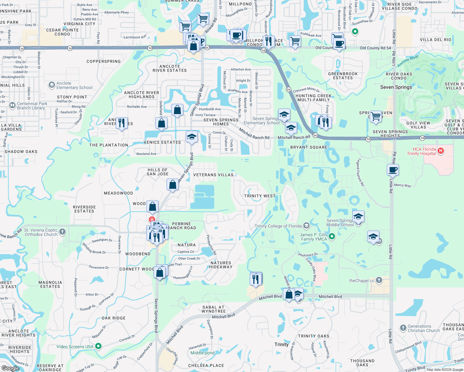 map of restaurants, bars, coffee shops, grocery stores, and more near 2328 Brinley Drive in Trinity