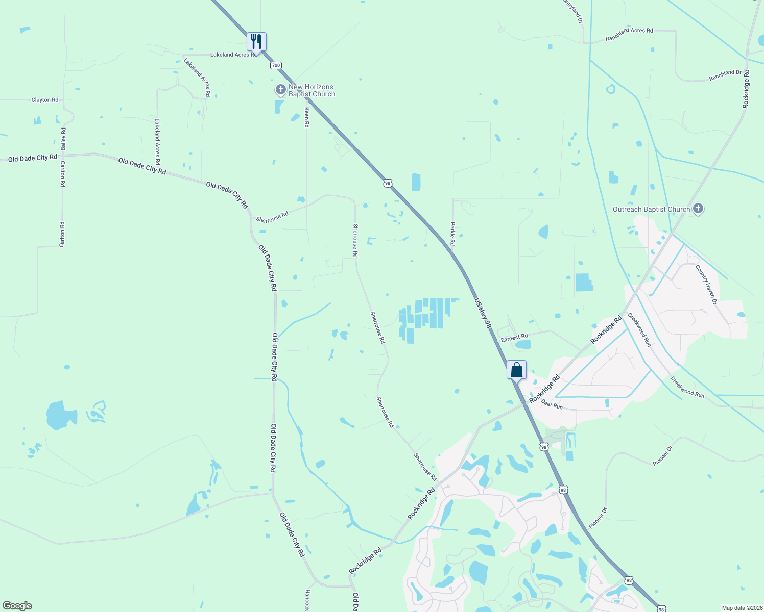map of restaurants, bars, coffee shops, grocery stores, and more near 11033 Sherrouse Road in Lakeland