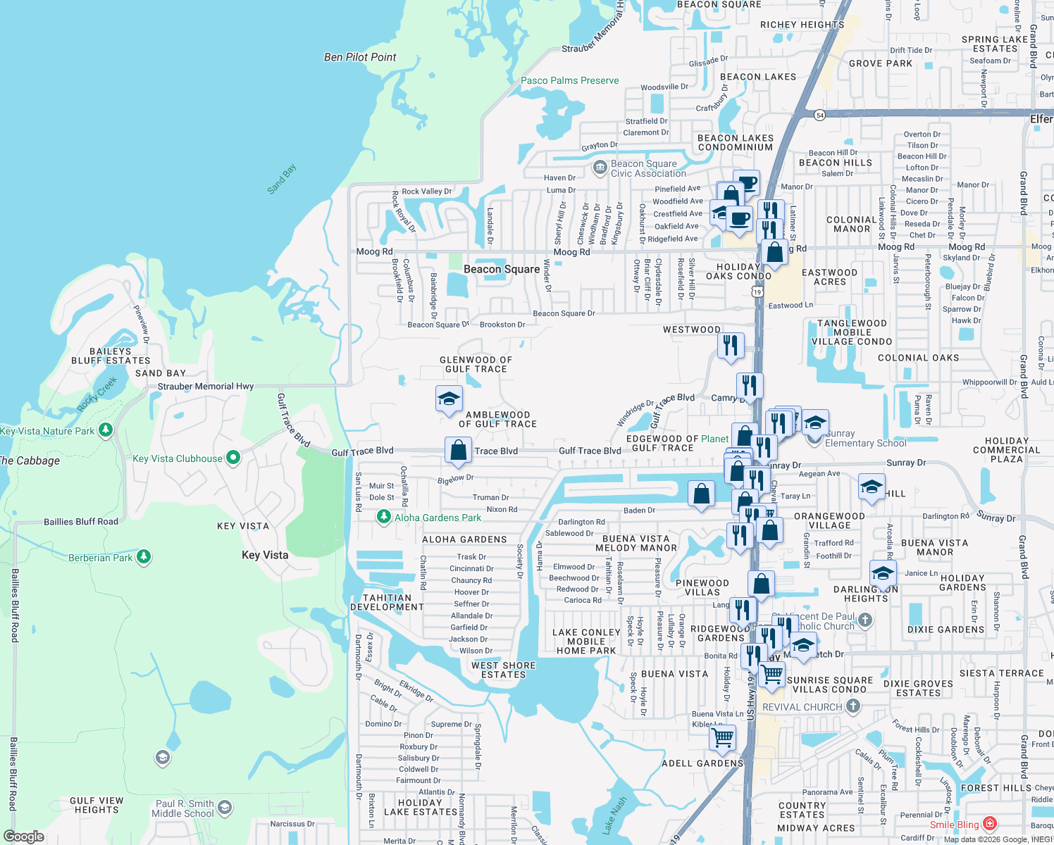 map of restaurants, bars, coffee shops, grocery stores, and more near 2824 Summervale Drive in Holiday
