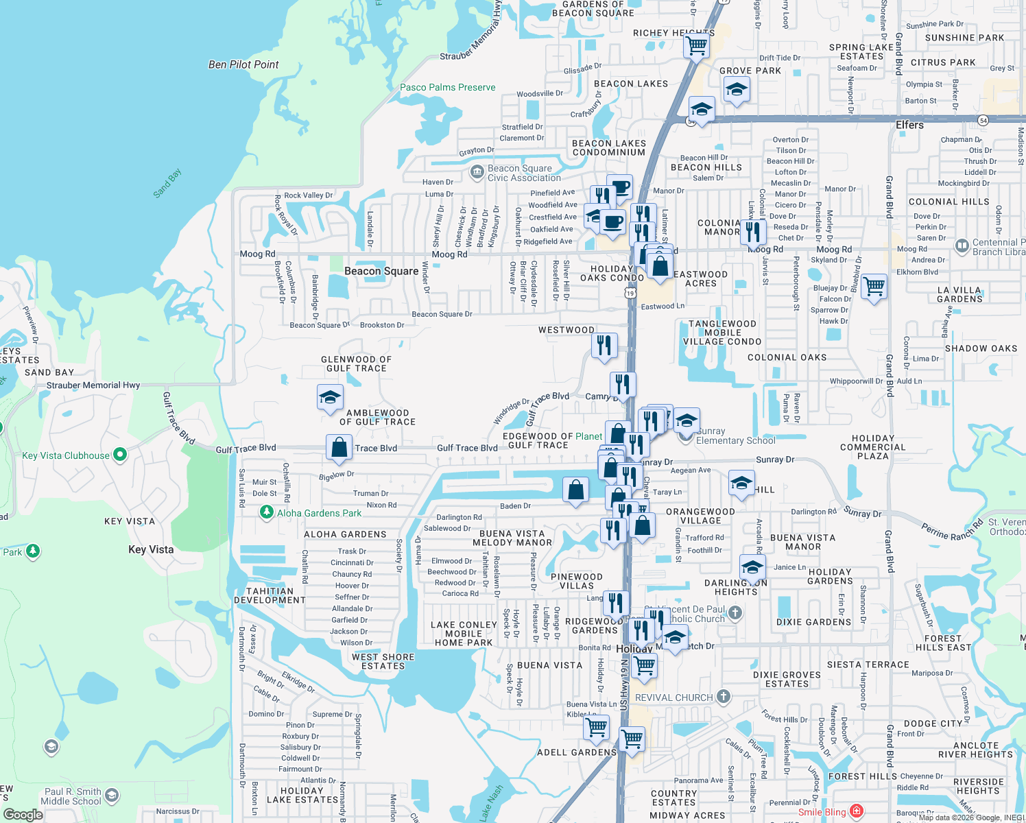 map of restaurants, bars, coffee shops, grocery stores, and more near 2906 Windridge Drive in Holiday