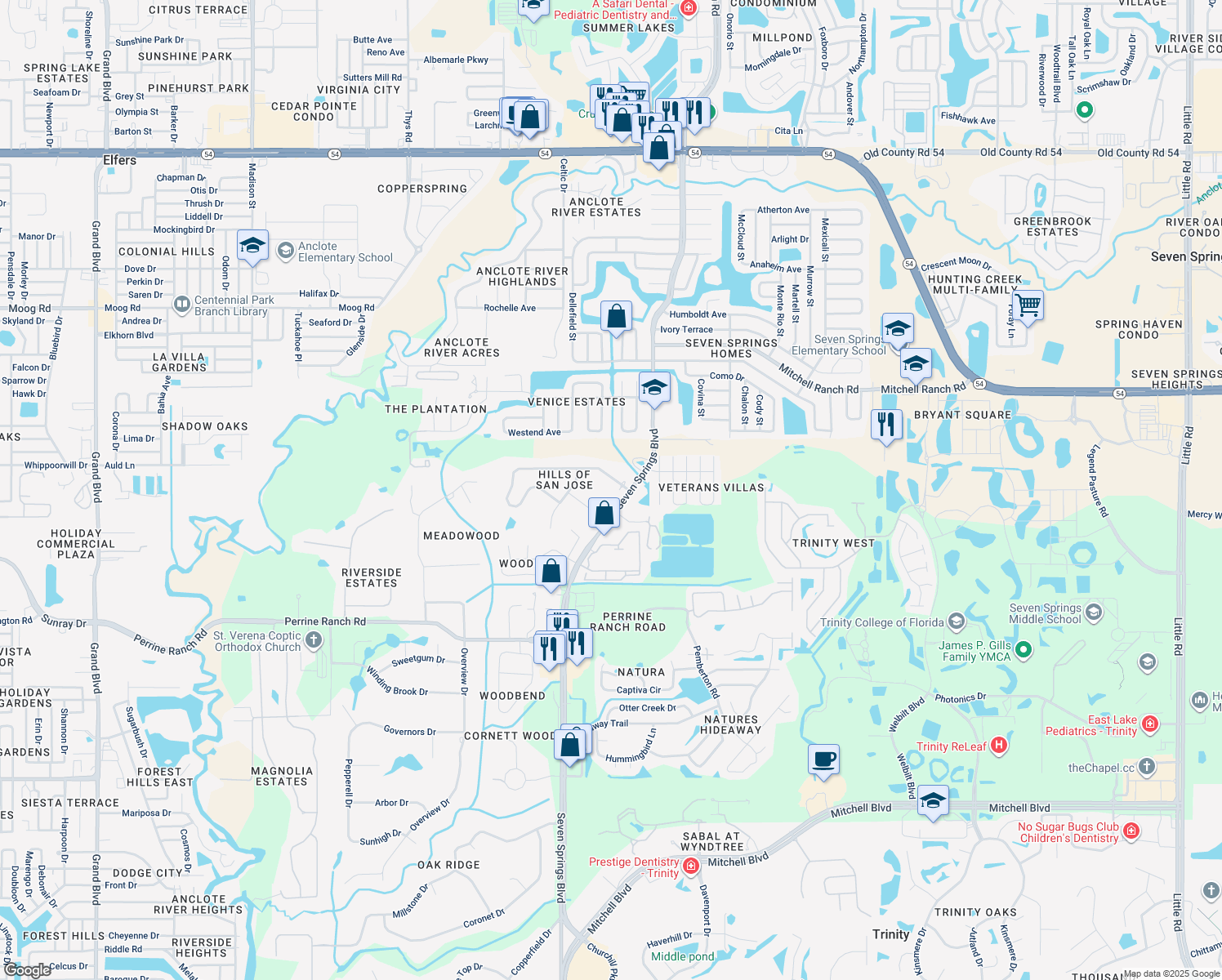 map of restaurants, bars, coffee shops, grocery stores, and more near 7140 San Jose Loop in New Port Richey
