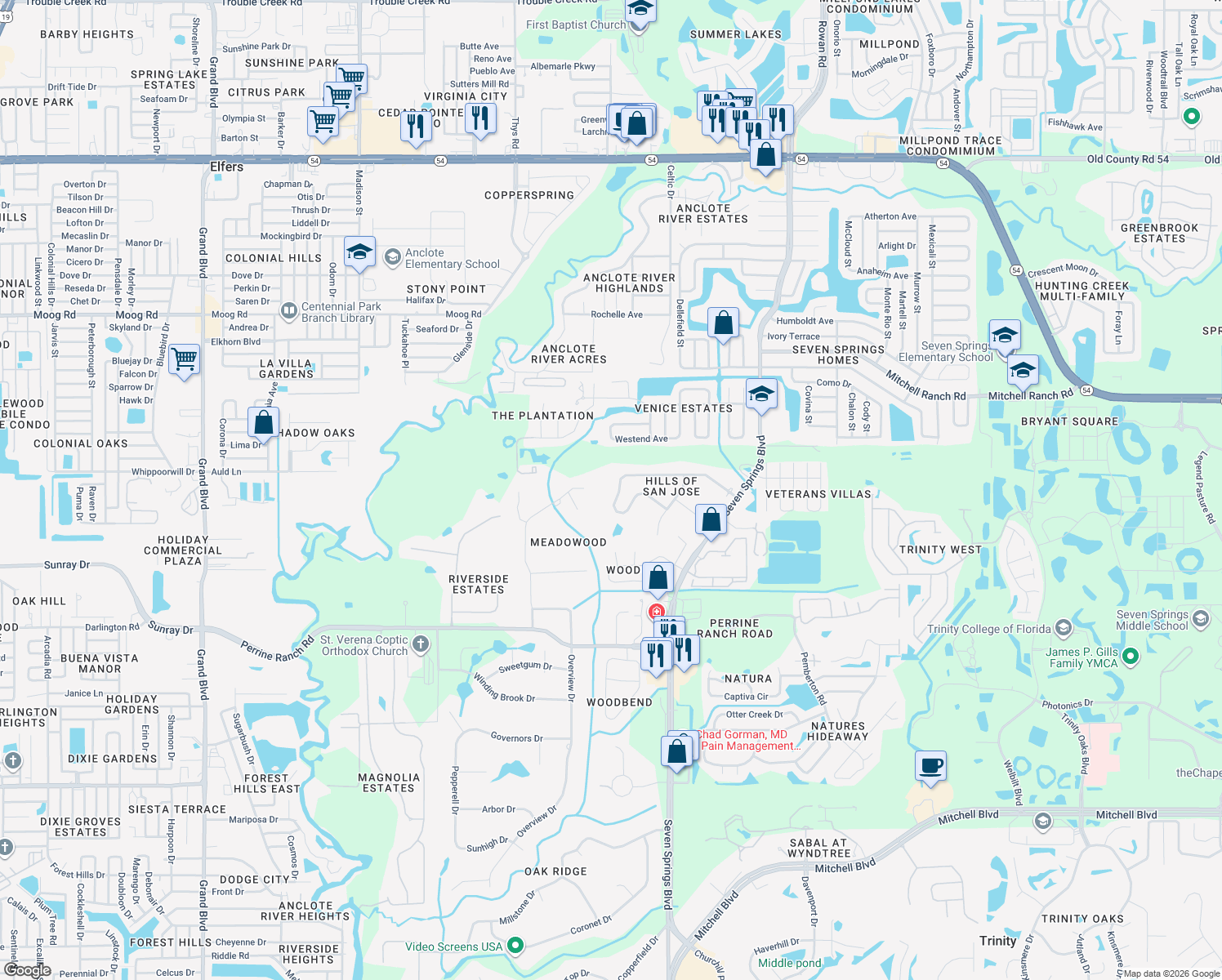 map of restaurants, bars, coffee shops, grocery stores, and more near 6859 San Jose Loop in New Port Richey
