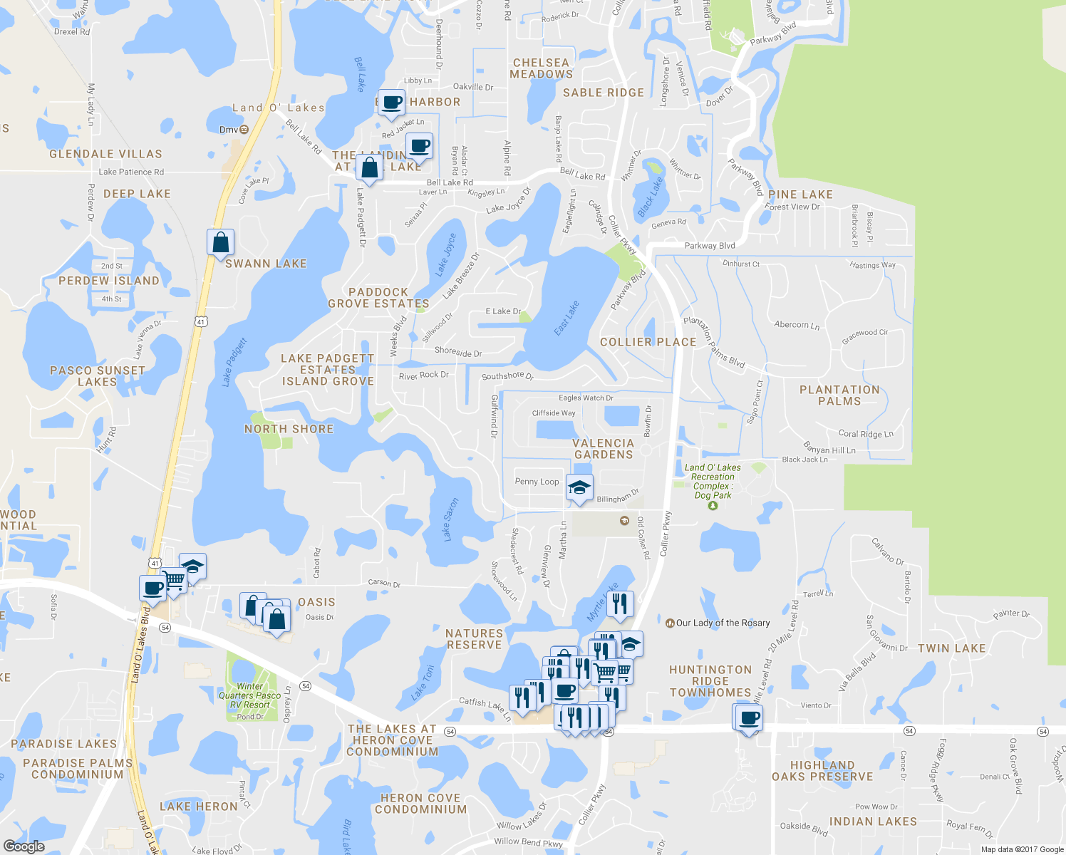 map of restaurants, bars, coffee shops, grocery stores, and more near 22548 Cliffside Way in Land O' Lakes