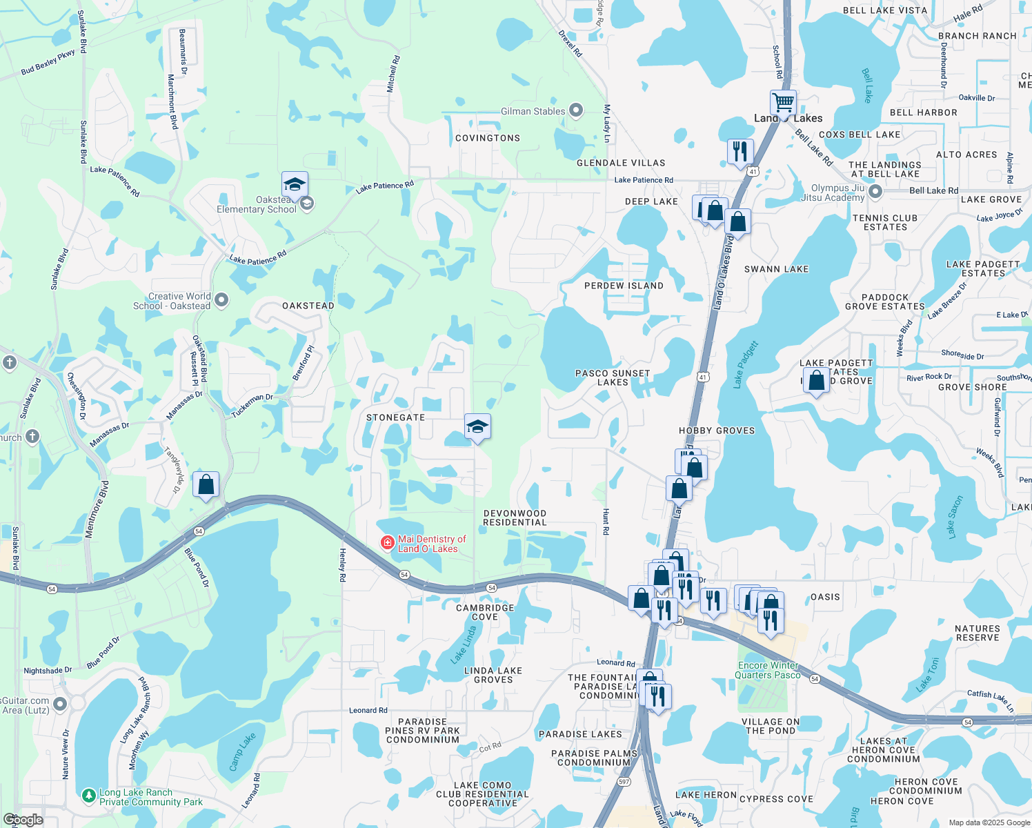 map of restaurants, bars, coffee shops, grocery stores, and more near 3224 Wilson Road in Land O' Lakes