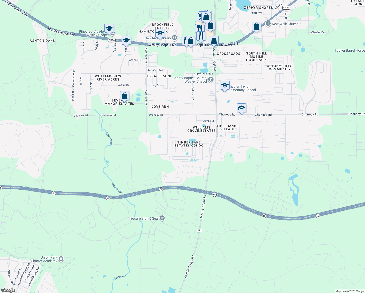 map of restaurants, bars, coffee shops, grocery stores, and more near 3130 Great Oak Street in Wesley Chapel