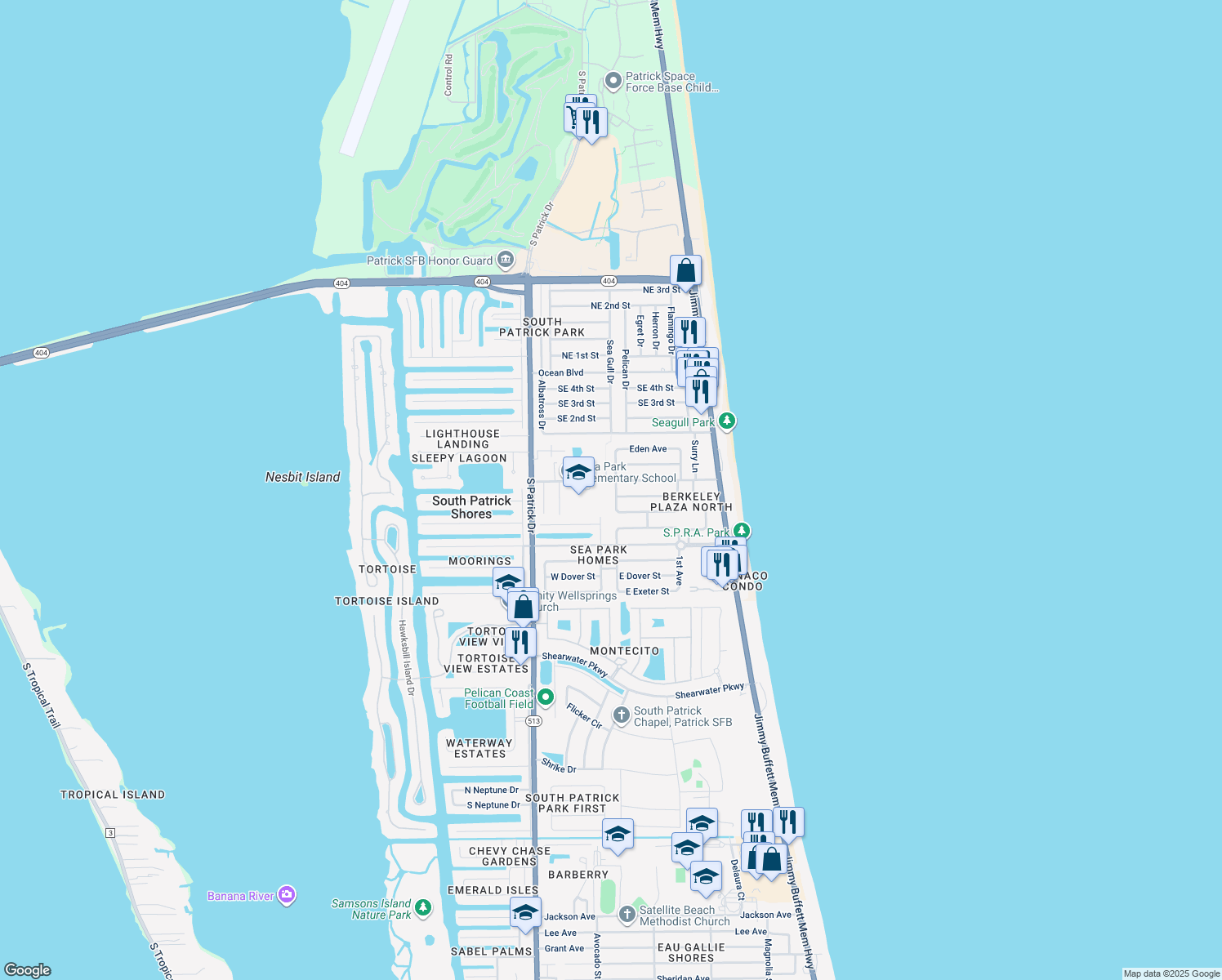 map of restaurants, bars, coffee shops, grocery stores, and more near 60 Brixton Lane in Satellite Beach