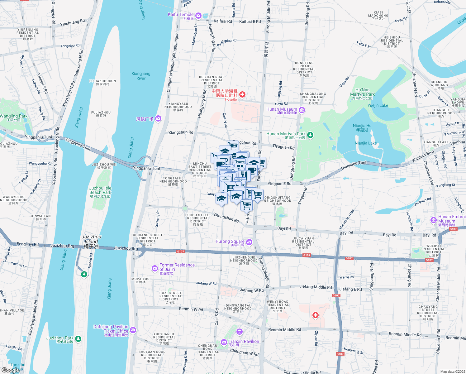 map of restaurants, bars, coffee shops, grocery stores, and more near Wu Yi Da Dao in Chang Sha Shi