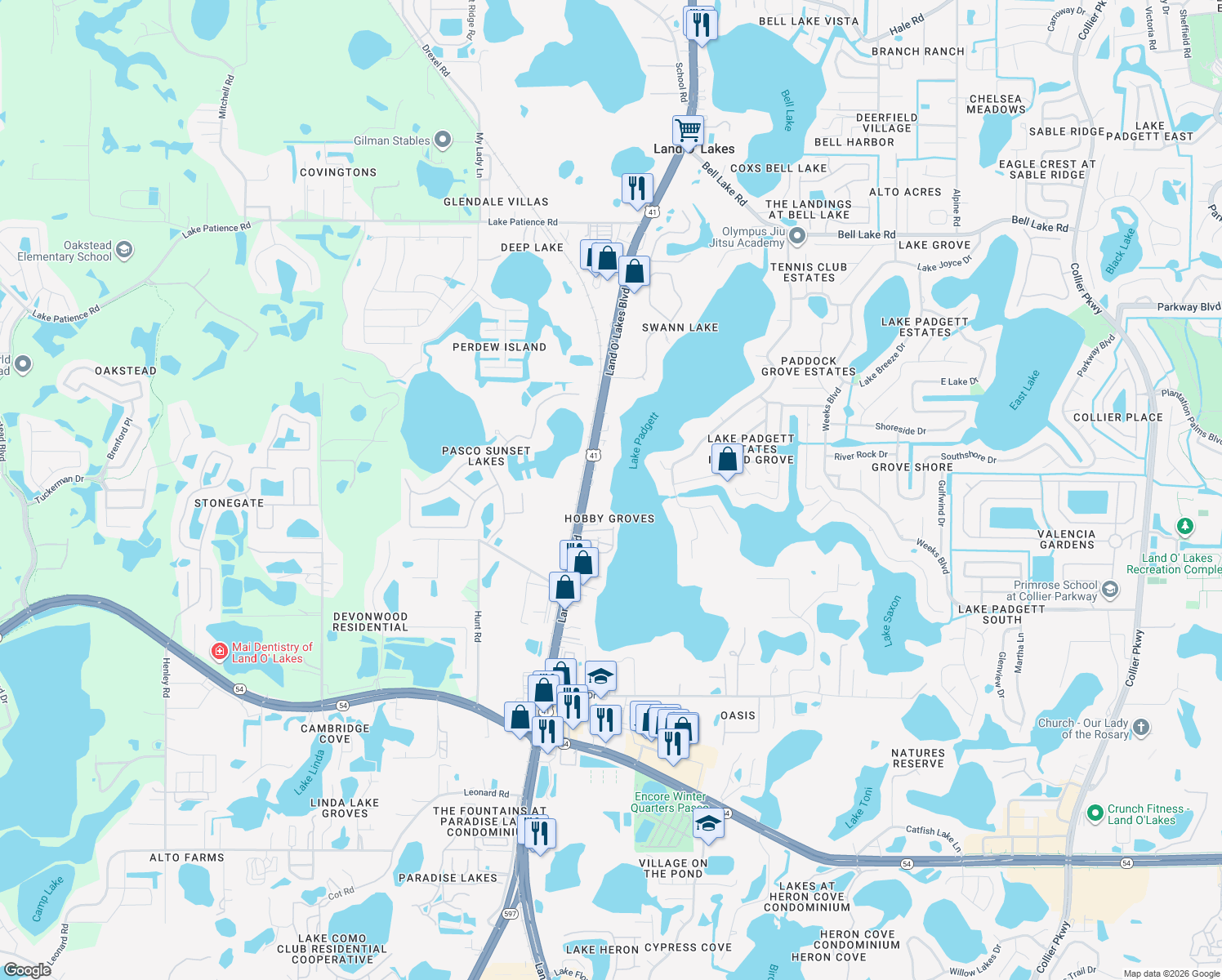 map of restaurants, bars, coffee shops, grocery stores, and more near 3126 Land O' Lakes Boulevard in Land O' Lakes