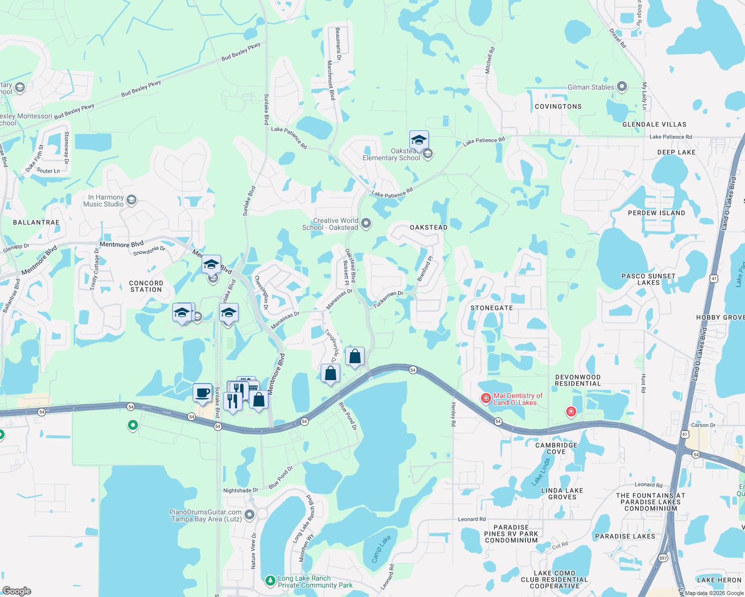 map of restaurants, bars, coffee shops, grocery stores, and more near 3133 Keswick Court in Land O' Lakes