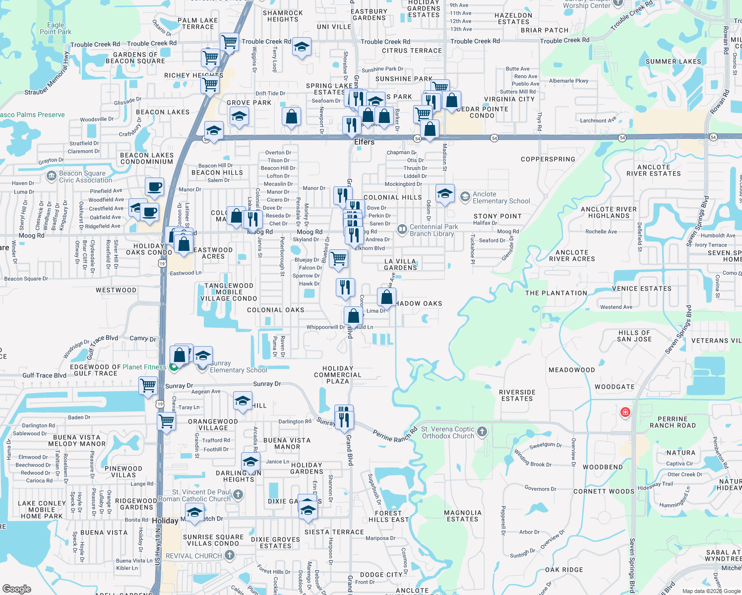 map of restaurants, bars, coffee shops, grocery stores, and more near 5606 Belleza Drive in Holiday