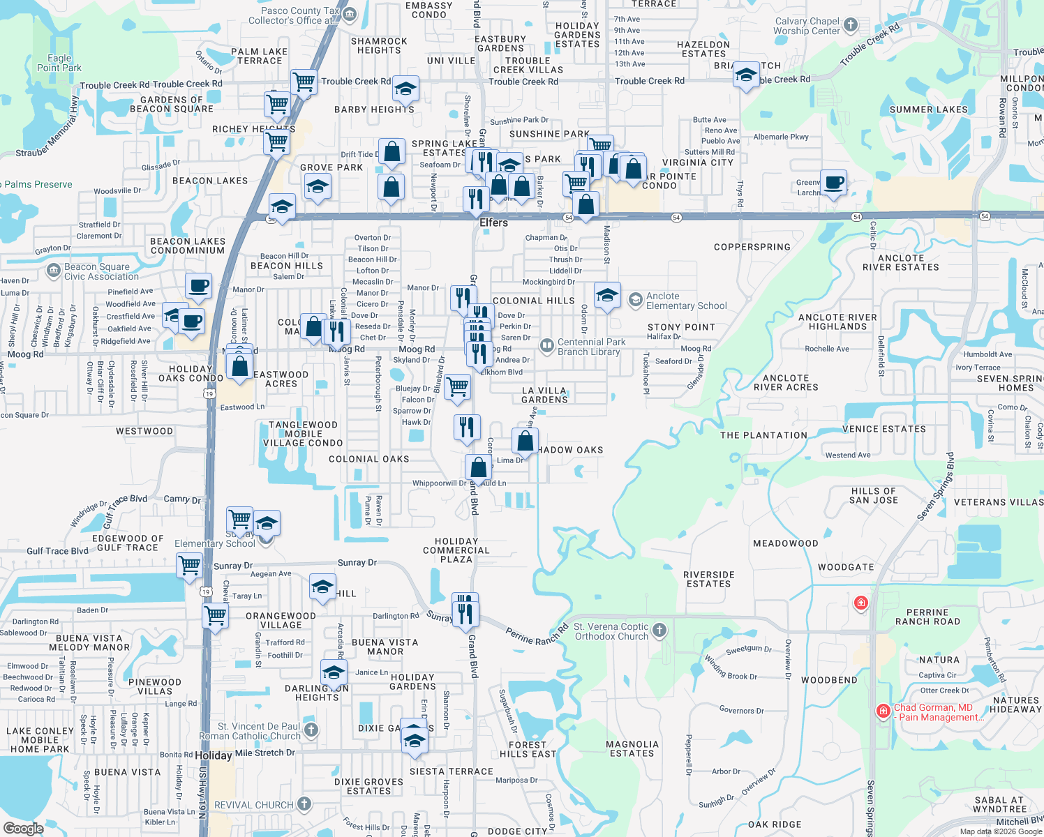 map of restaurants, bars, coffee shops, grocery stores, and more near 3231 Custer Drive in Holiday