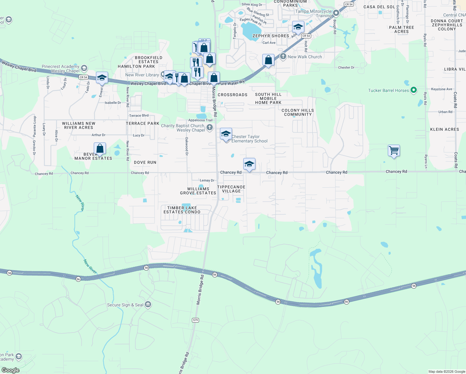 map of restaurants, bars, coffee shops, grocery stores, and more near 34620 Sweetpea Lane in Zephyrhills