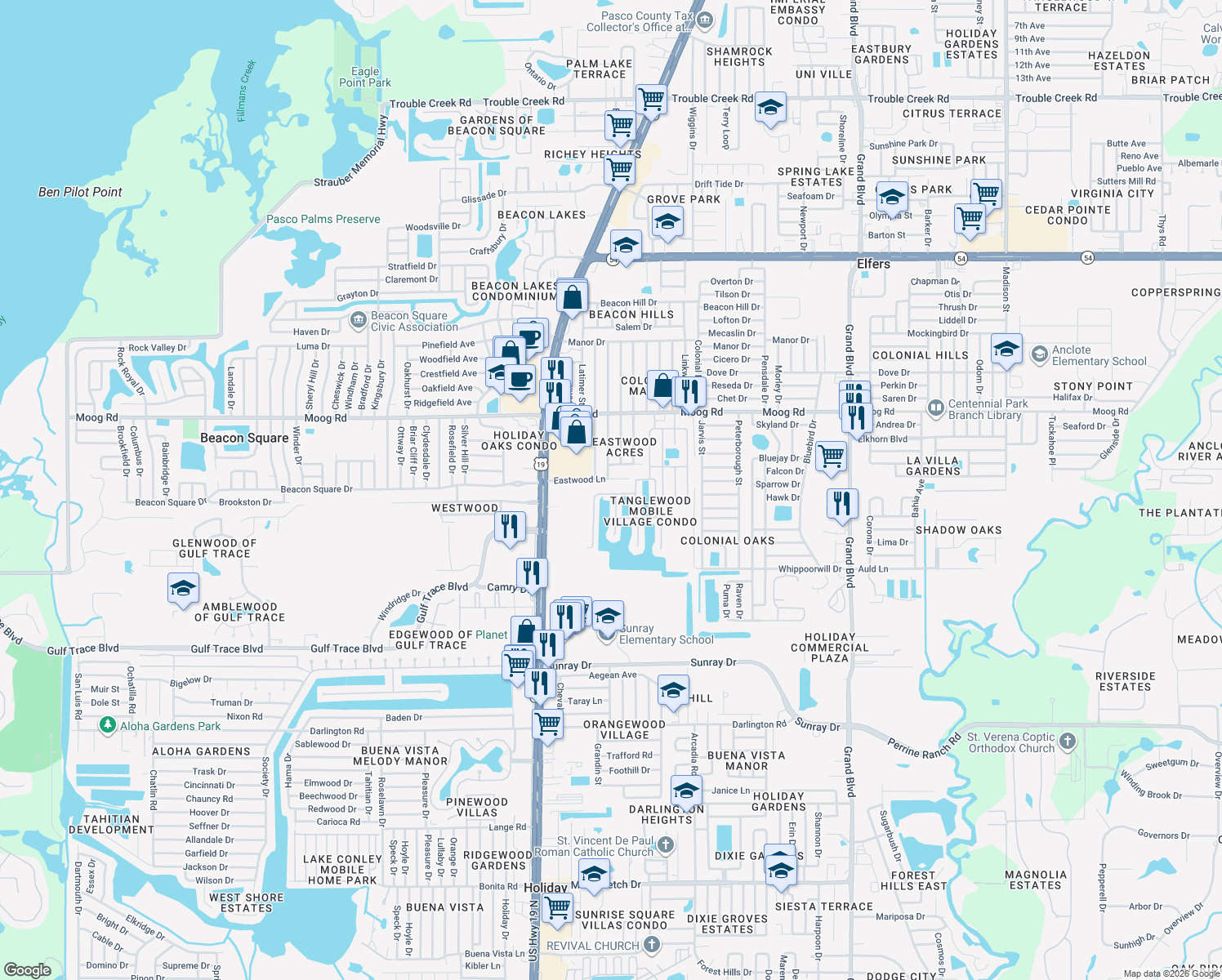 map of restaurants, bars, coffee shops, grocery stores, and more near 4721 Burney Drive in Holiday