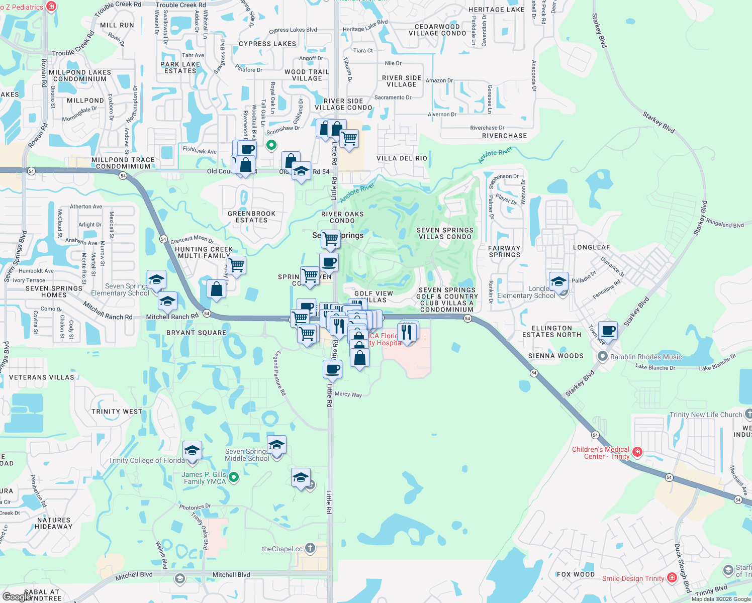 map of restaurants, bars, coffee shops, grocery stores, and more near 3254 Lori Lane in New Port Richey