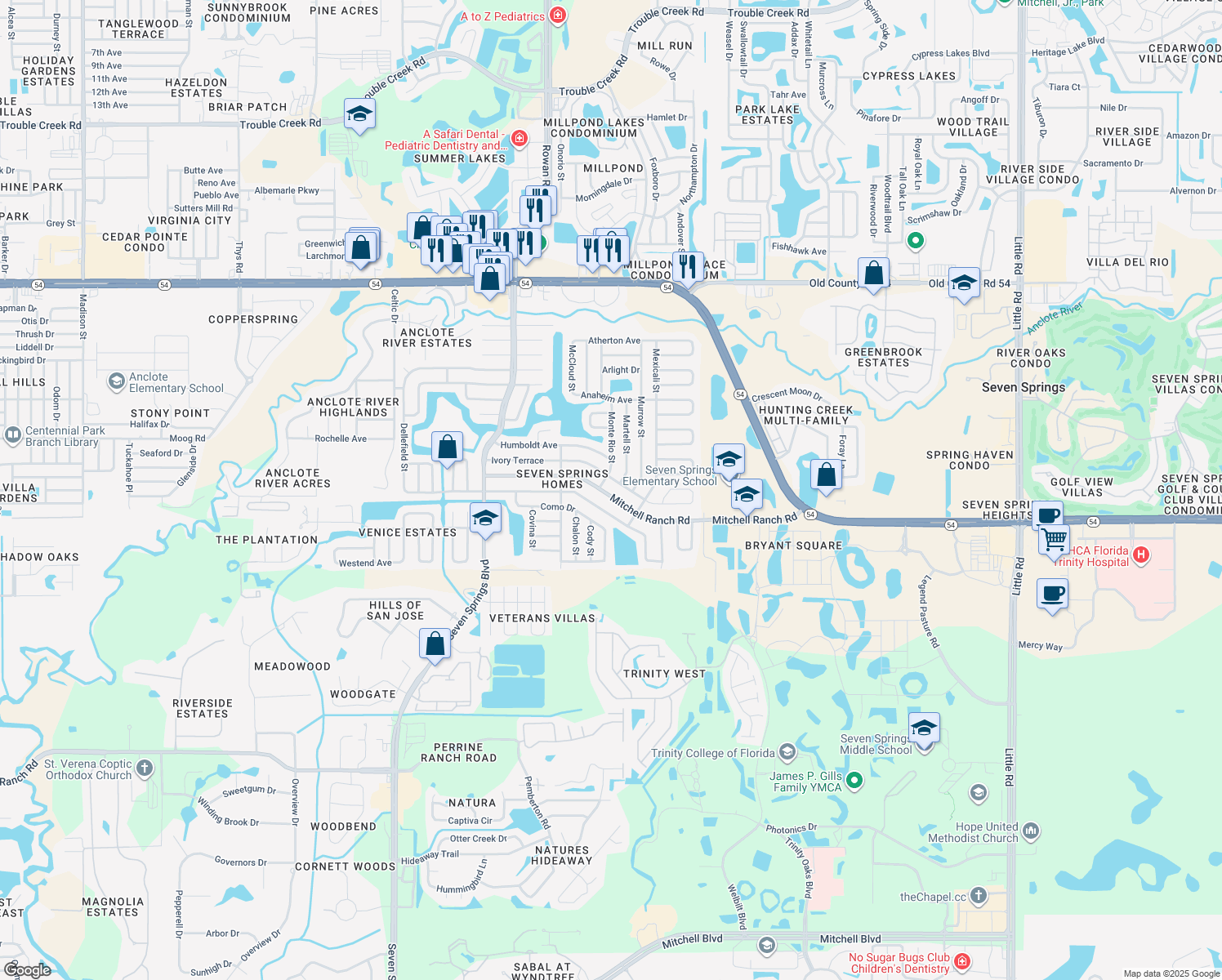 map of restaurants, bars, coffee shops, grocery stores, and more near 7655 Mitchell Ranch Road in New Port Richey