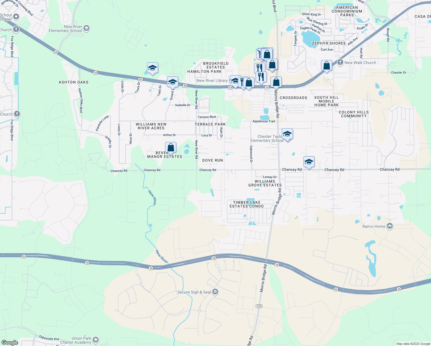 map of restaurants, bars, coffee shops, grocery stores, and more near 33908 Chancey Road in Zephyrhills