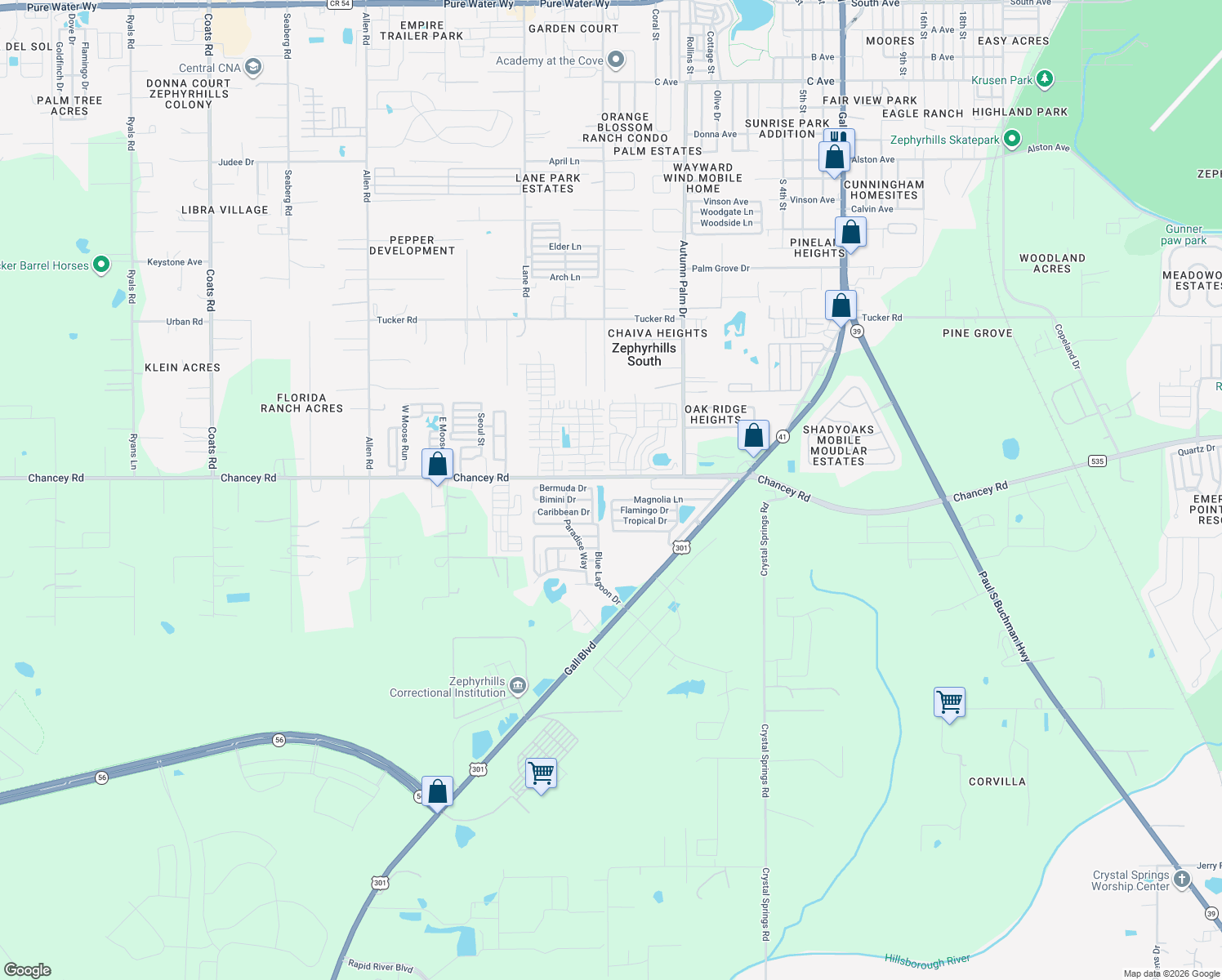 map of restaurants, bars, coffee shops, grocery stores, and more near 37750 Chancey Road in Zephyrhills