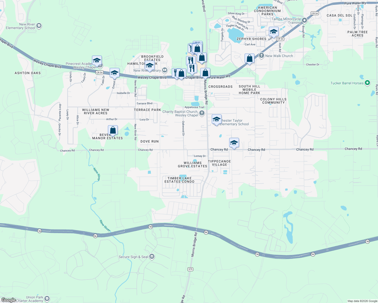 map of restaurants, bars, coffee shops, grocery stores, and more near 3442 Mildred Drive in Zephyrhills