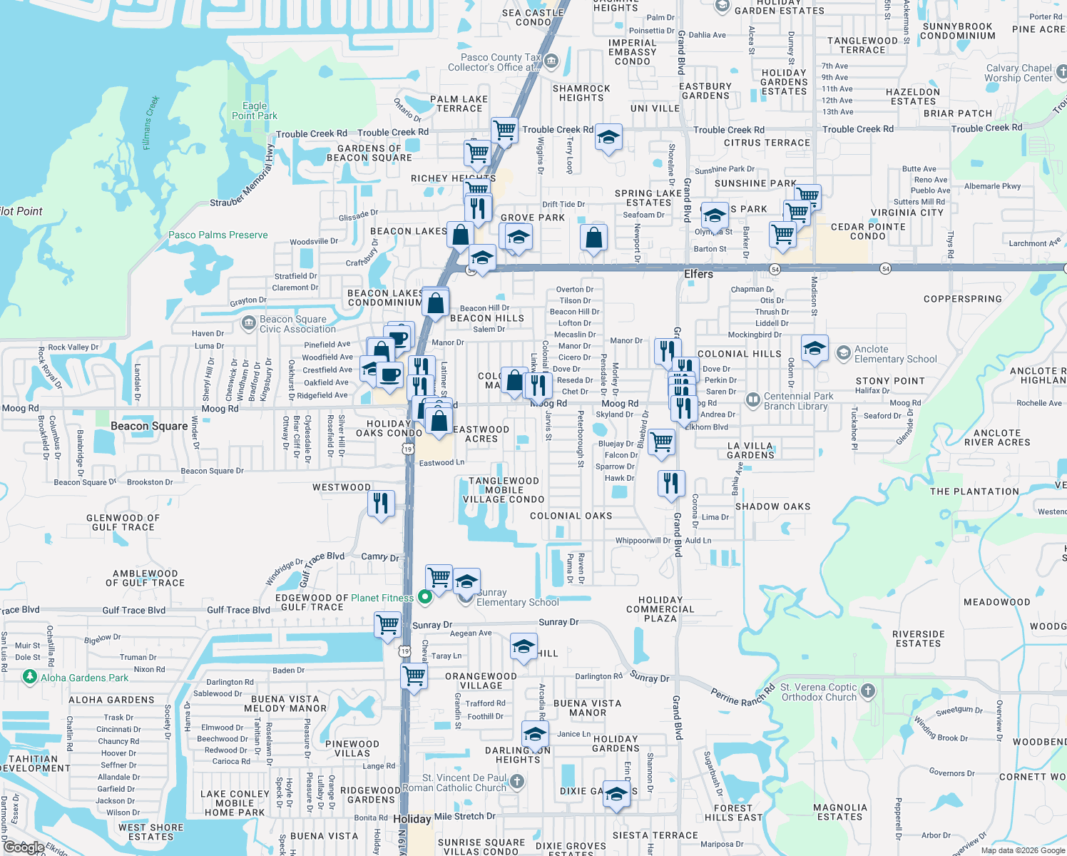 map of restaurants, bars, coffee shops, grocery stores, and more near 3405 Lanark Drive in Holiday