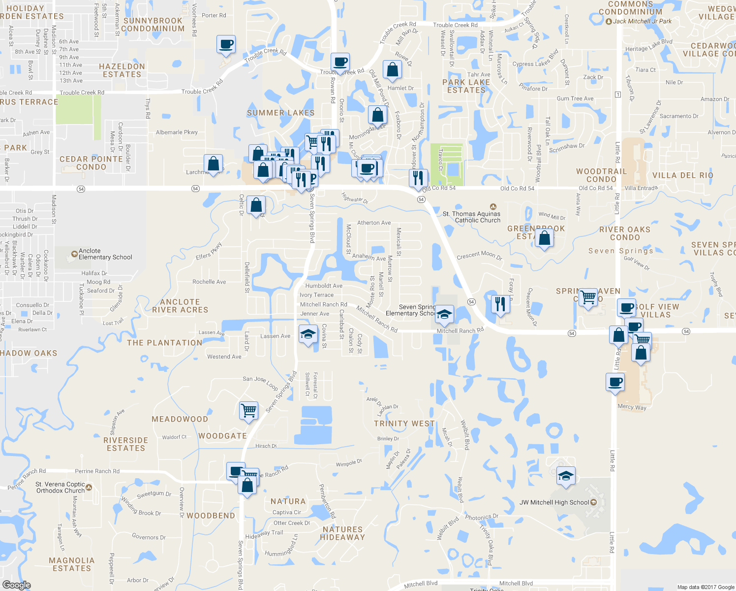 map of restaurants, bars, coffee shops, grocery stores, and more near 7644 Humboldt Avenue in New Port Richey