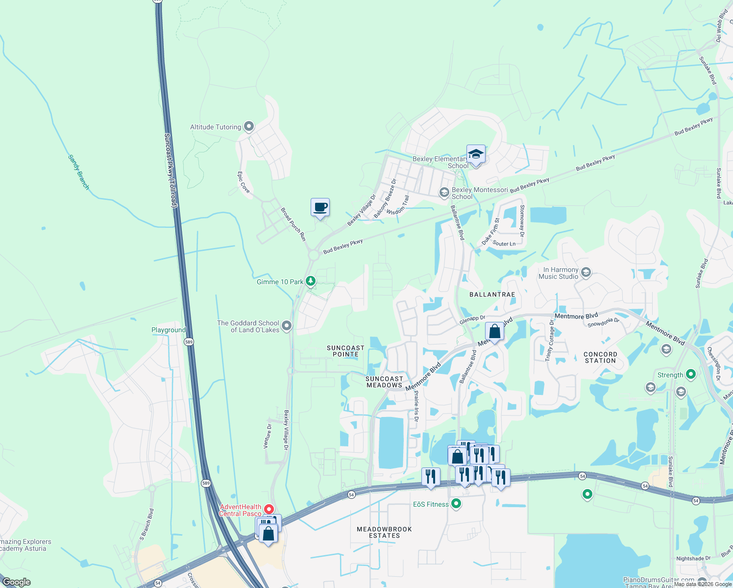 map of restaurants, bars, coffee shops, grocery stores, and more near 3522 Fyfield Court in Land O' Lakes