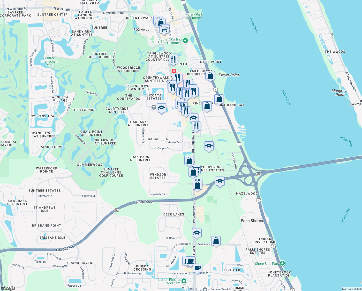 map of restaurants, bars, coffee shops, grocery stores, and more near 6014 Annelo Drive in Melbourne