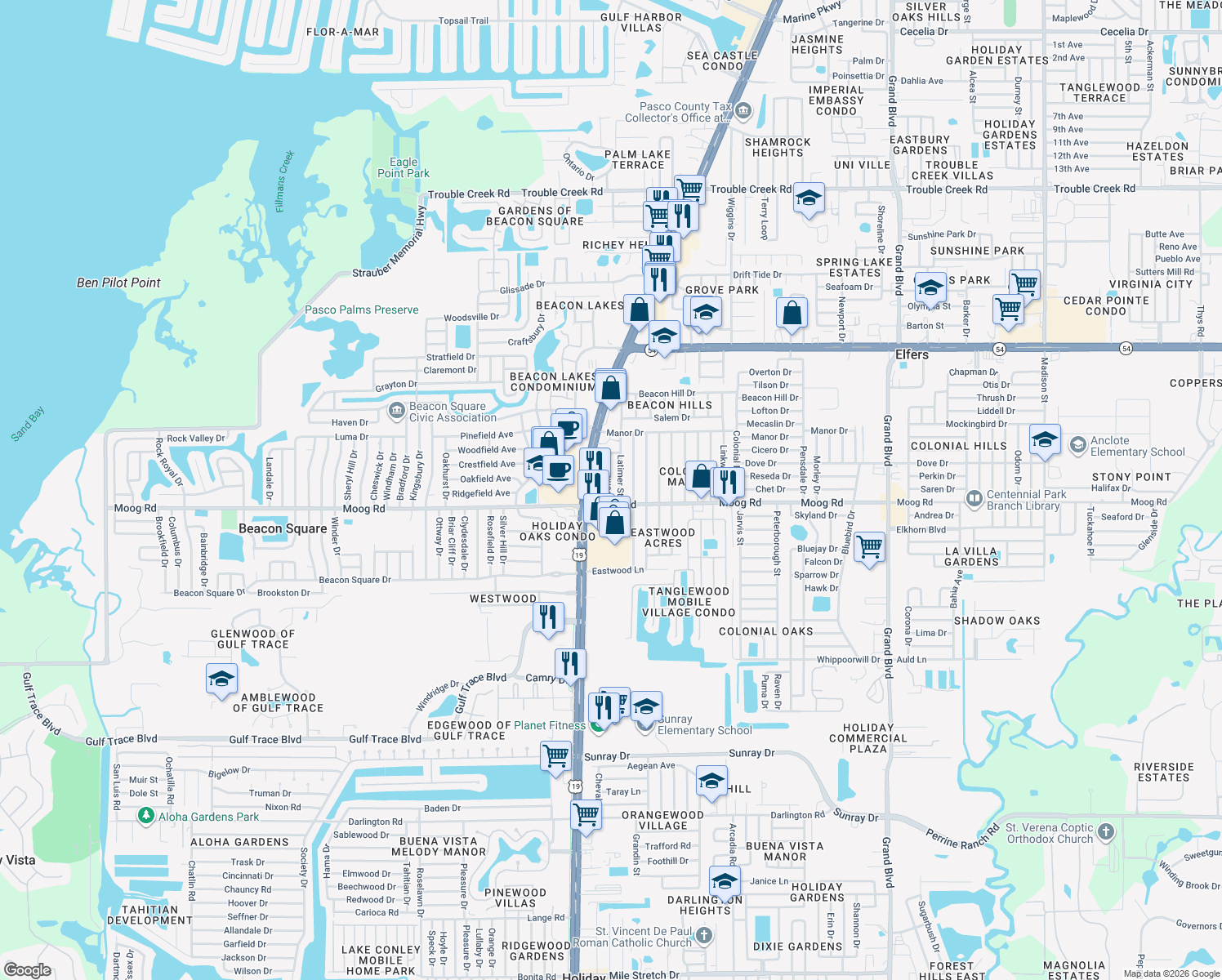 map of restaurants, bars, coffee shops, grocery stores, and more near 3522 Connon Drive in New Port Richey