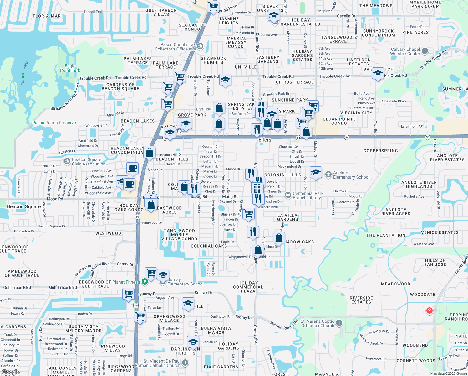 map of restaurants, bars, coffee shops, grocery stores, and more near 5306 Palafox Drive in New Port Richey