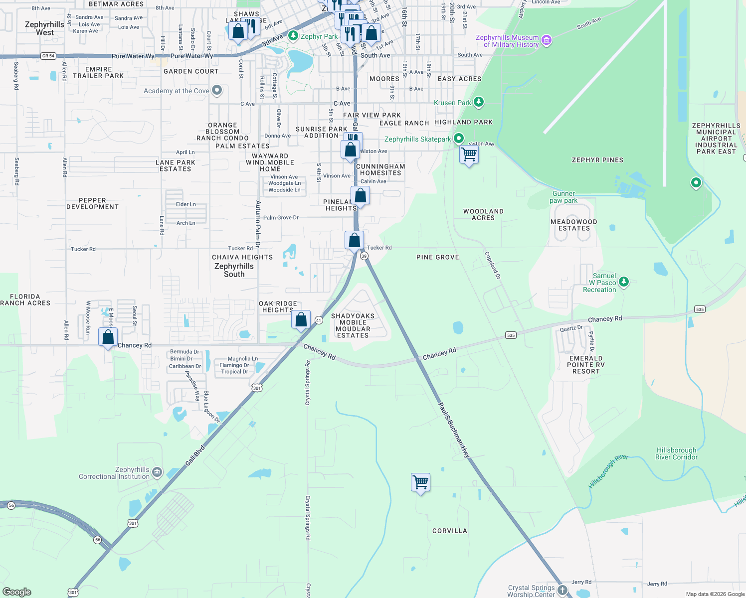 map of restaurants, bars, coffee shops, grocery stores, and more near 3718 Castle Drive in Zephyrhills