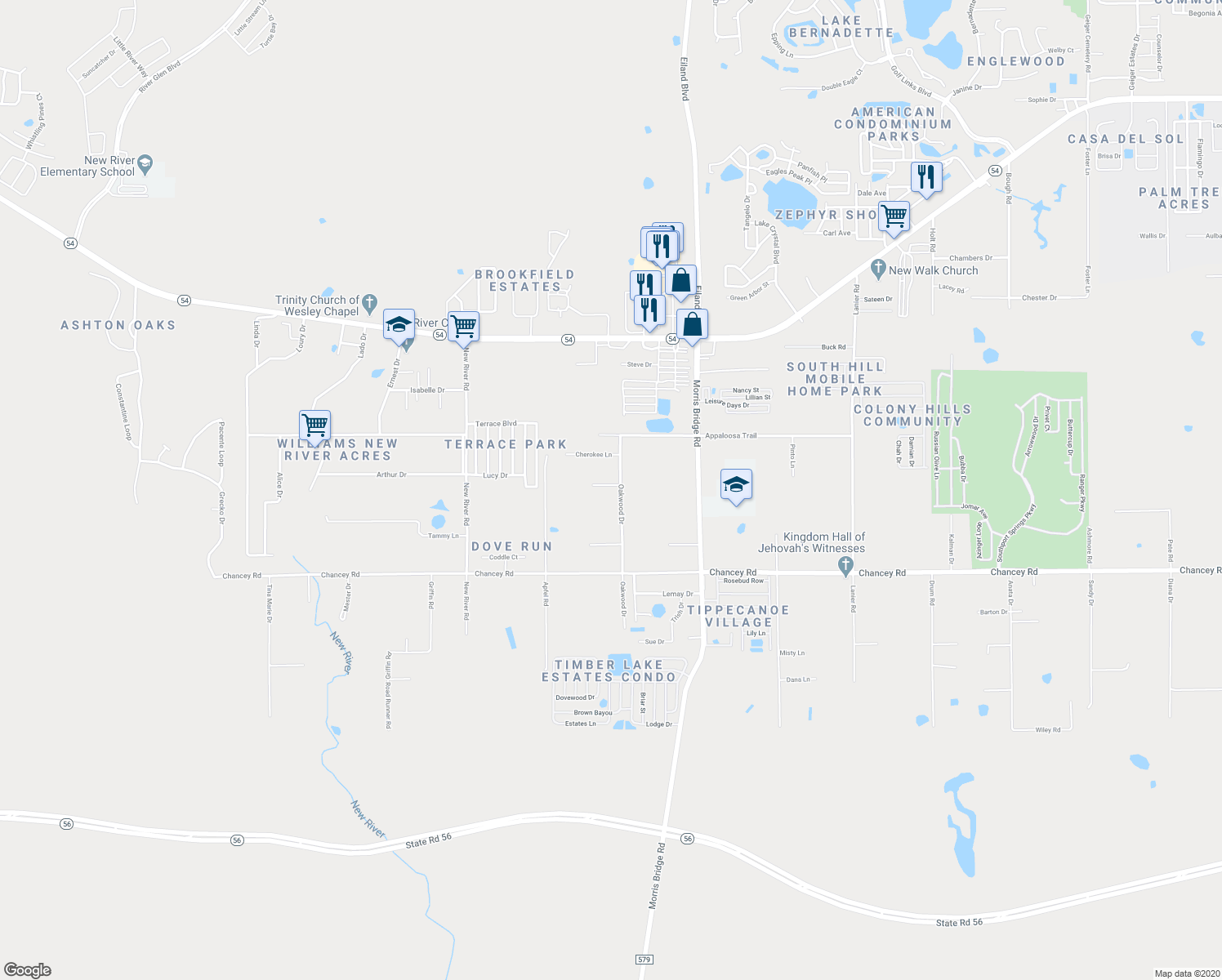 map of restaurants, bars, coffee shops, grocery stores, and more near 3737 Oakwood Drive in Zephyrhills