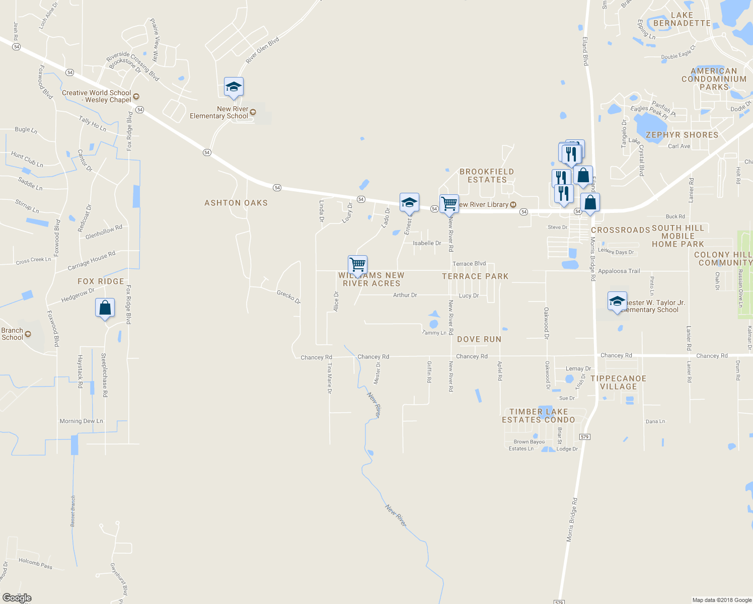 map of restaurants, bars, coffee shops, grocery stores, and more near 33332 Arthur Drive in Zephyrhills