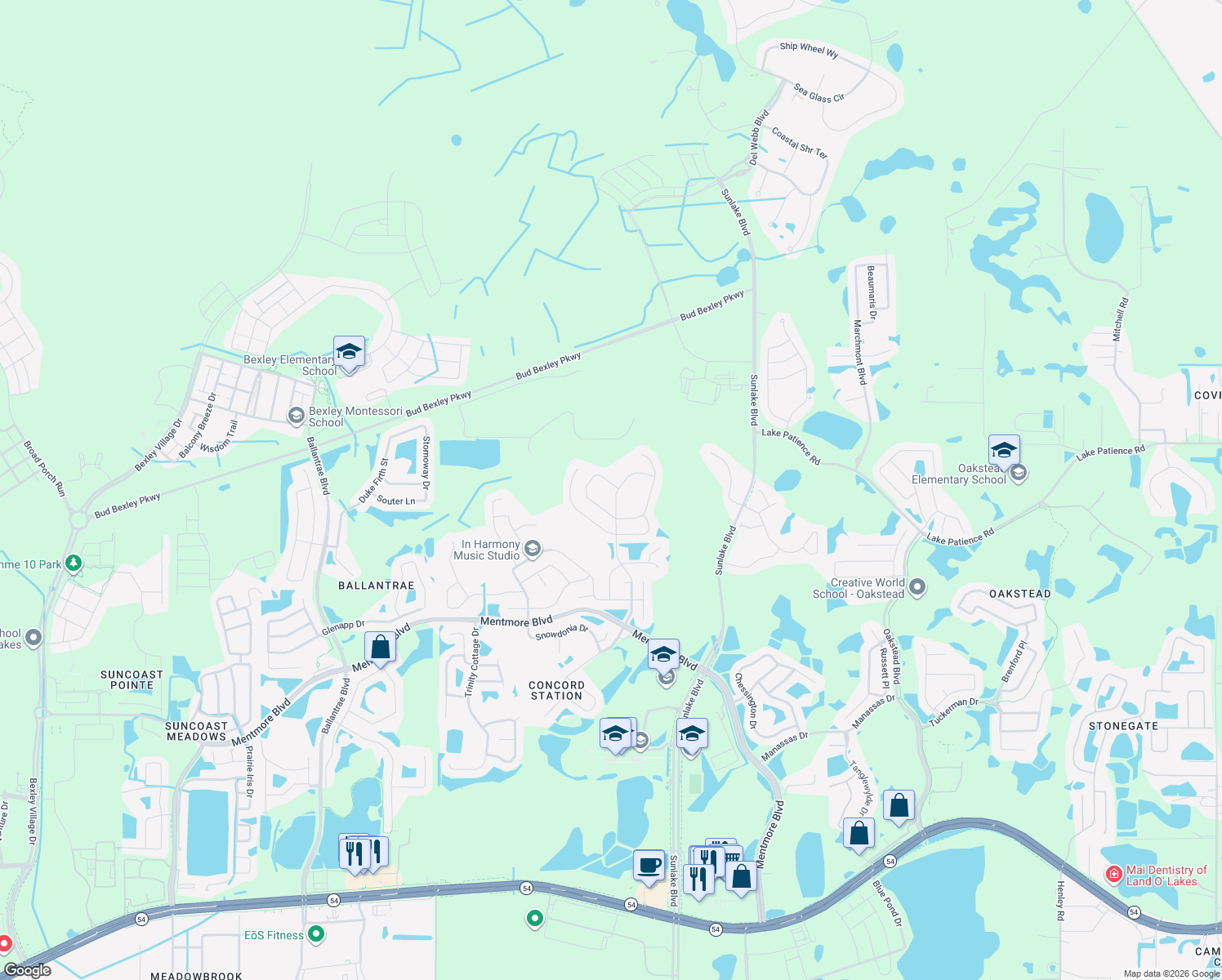 map of restaurants, bars, coffee shops, grocery stores, and more near 3932 Tristram Loop in Land O' Lakes