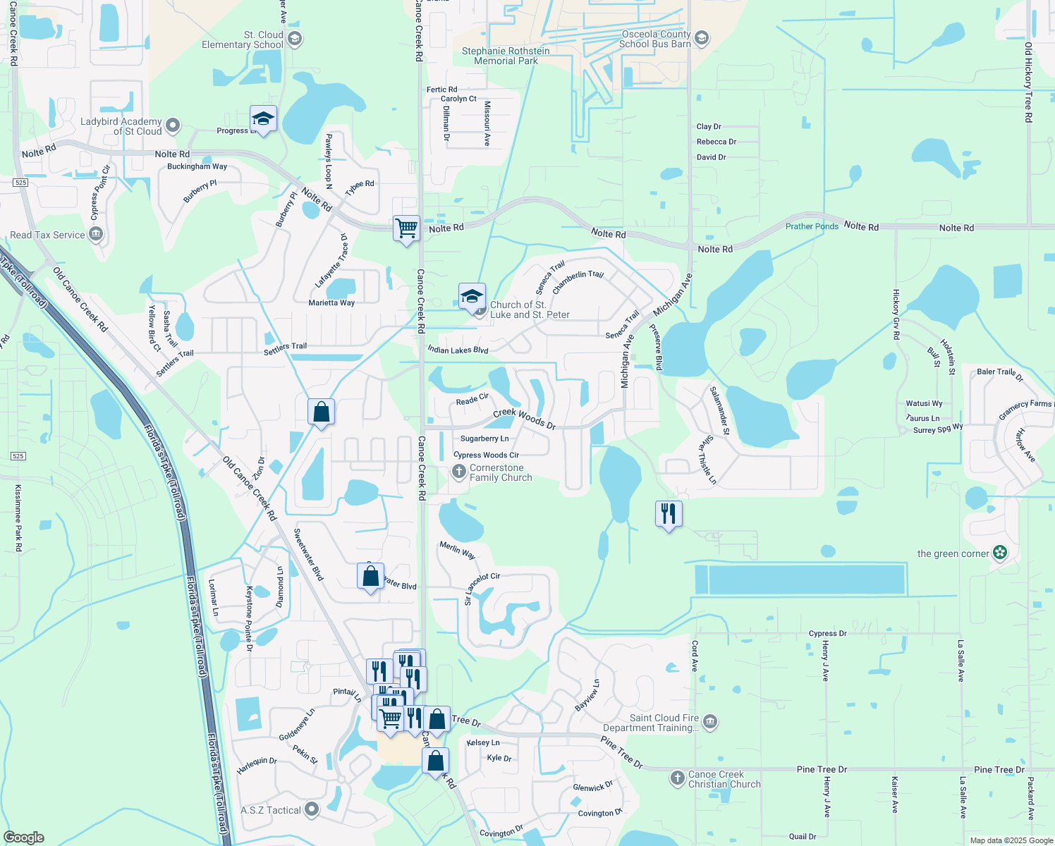 map of restaurants, bars, coffee shops, grocery stores, and more near 1676 Cypress Woods Circle in St. Cloud