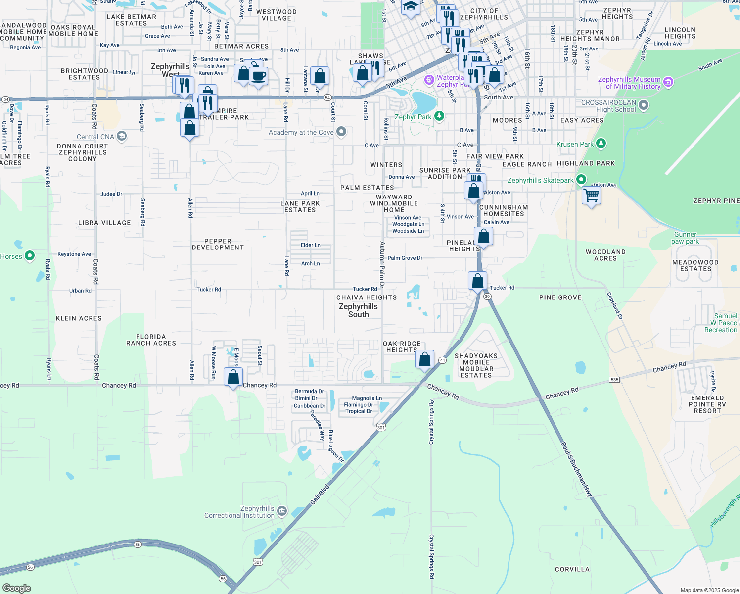 map of restaurants, bars, coffee shops, grocery stores, and more near 37921 Avalon Drive in Zephyrhills