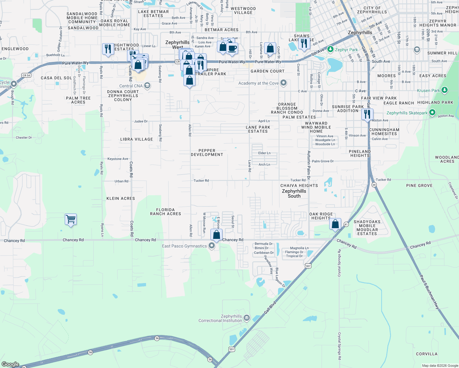 map of restaurants, bars, coffee shops, grocery stores, and more near 37318 Tucker Road in Zephyrhills